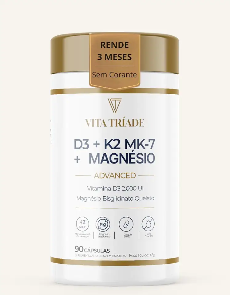 Vitamina D3 K2 Magnésio Bisglicinato - 2000 UI D3, 149mcg Vitamina K2 MK-7 | 90 Cápsulas Rende 3 meses Vita Tríade