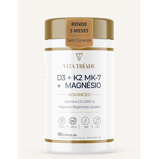 Vitamina D3 K2 Magnésio Bisglicinato - 2000 UI D3, 149mcg Vitamina K2 MK-7 | 90 Cápsulas Rende 3 meses Vita Tríade
