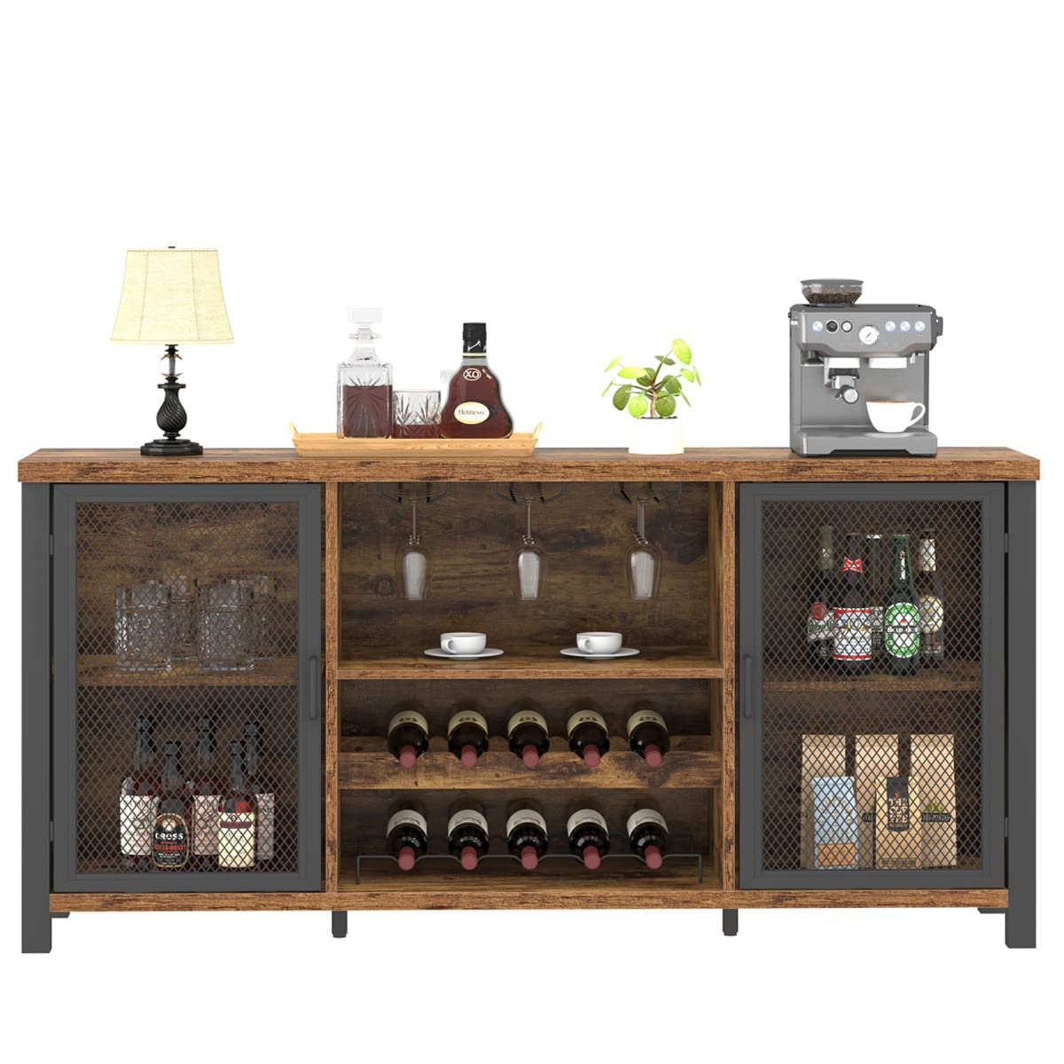 Launica Armoire de bar à café industrielle, armoire de bar à vin pour liqueur et verres, armoire à liqueur avec casier à vin, buffet en bois et métal pour la maison, la cuisine, la salle à manger