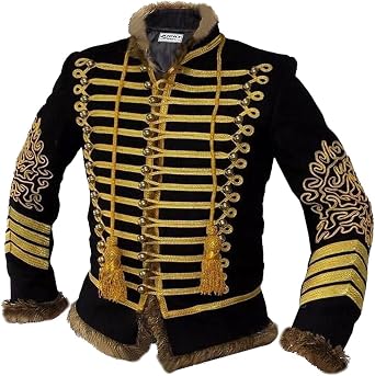 Kicky Napoleonic Hussar Uniform Military Style Tunic Pelisse Jacket, Gold Braided Jacket Black, Faux Fur Trimming