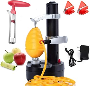 Electric Potato Peeler Automatic Potato Peeler Machine, Electric Peeler Fruits and Vegetables, Apple Peeling Machine for Kitchen [1 Adapter 2 Extra Blades] with Apple Corer Black-C