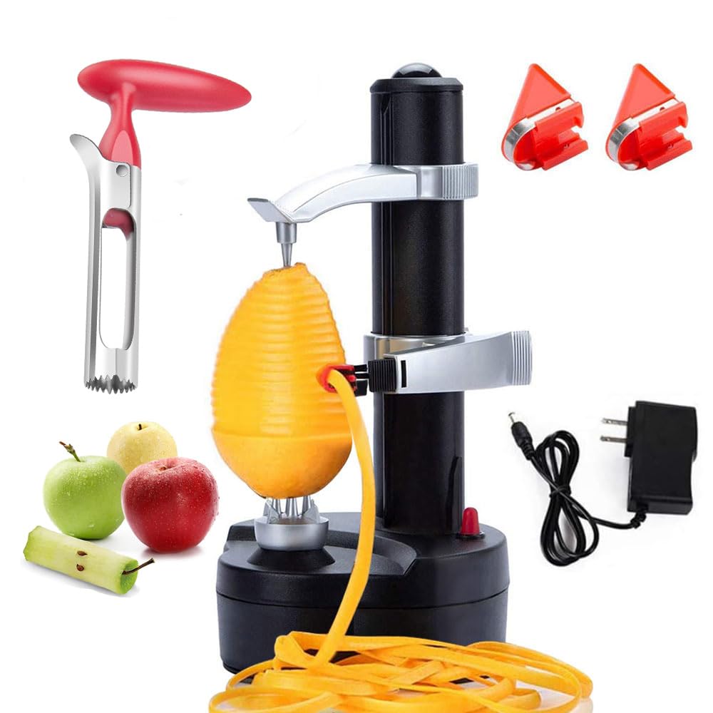 Electric Potato Peeler Automatic Potato Peeler Machine, Electric Peeler Fruits and Vegetables, Apple Peeling Machine for Kitchen [1 Adapter 2 Extra Blades] with Apple Corer (Black-C)
