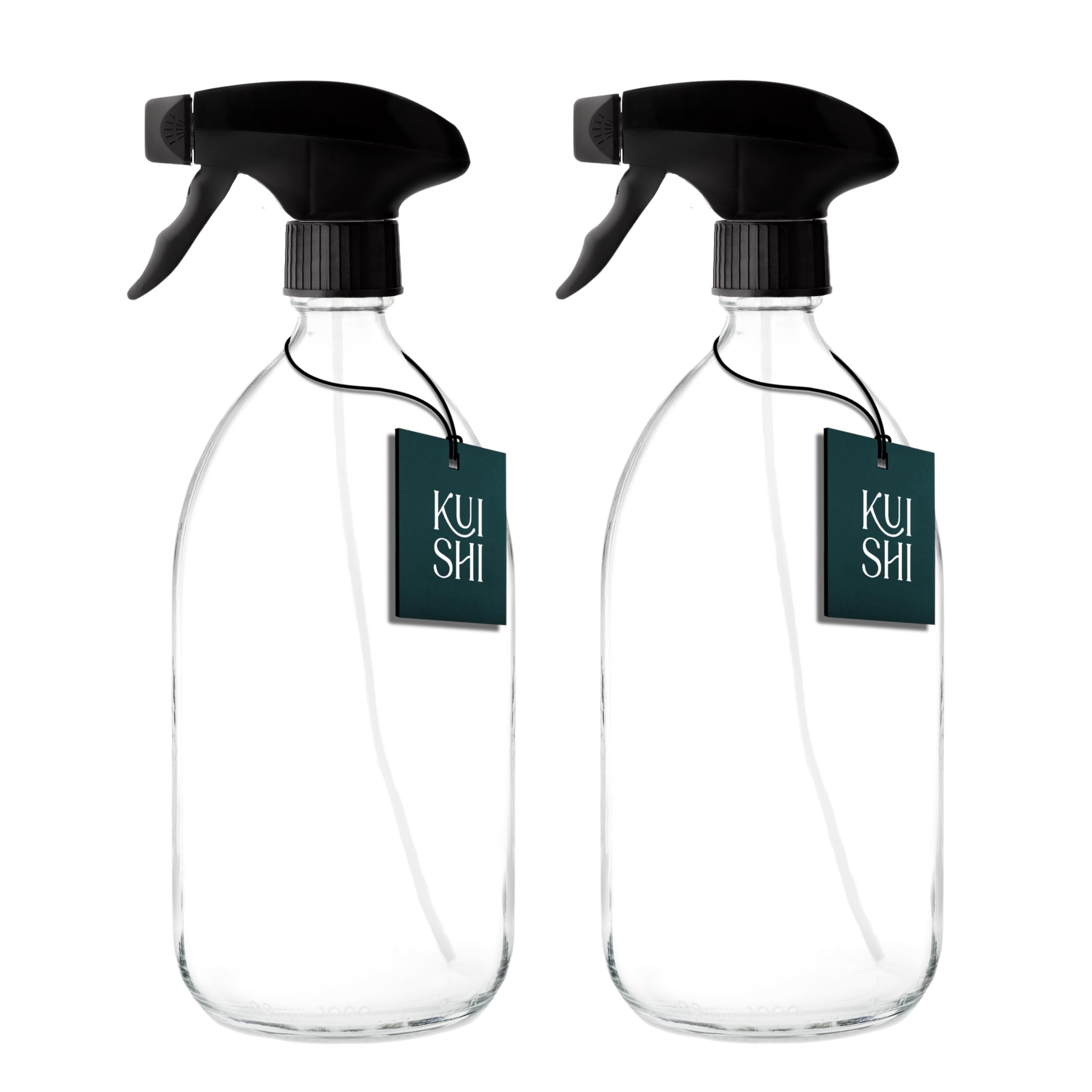 Kuishi Glass Spray Bottle - 1000ml Pack of 2 Refillable Spray Bottle for Cleaning, Plants & Hair, with Black Plastic Trigger, Clear BPA-Free Water Spray Bottle for Gardening & Essential Oils