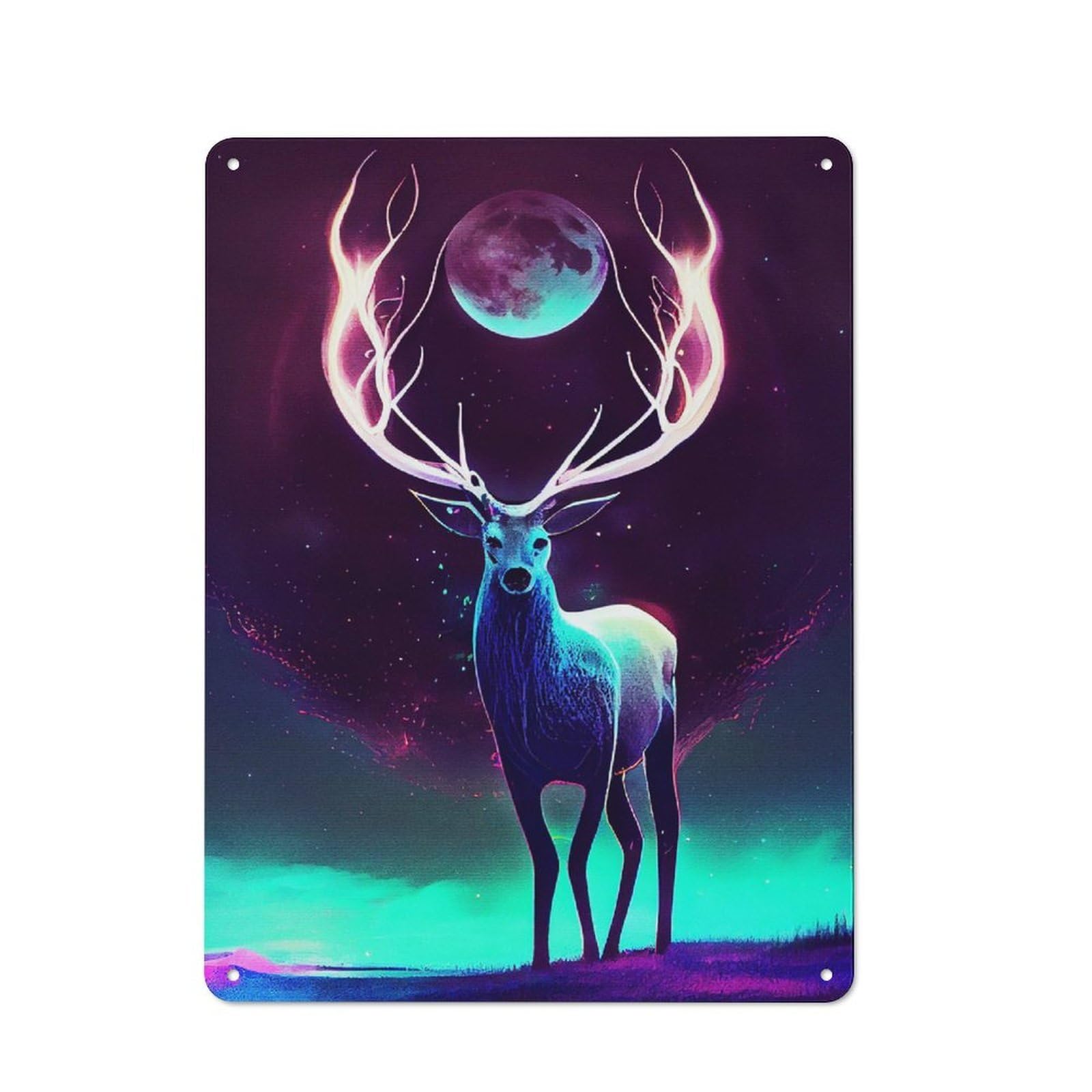 Junmoney Style-20 Deer And Moon Painting Retro Metal Wall Decor 40X30cm, Metal Wall Art Sign For Living Room, Hallway, Kitchen Or Cafe