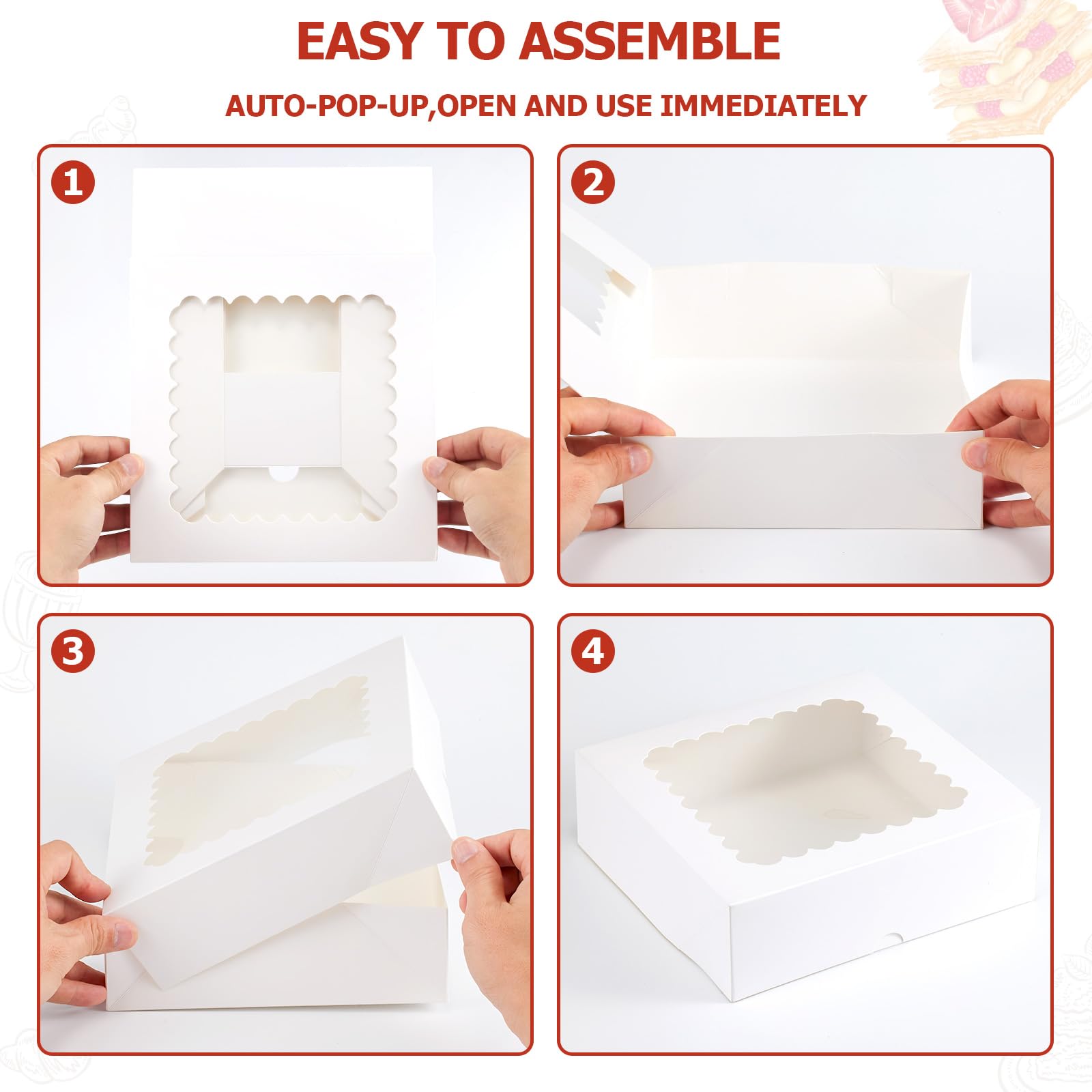 20 cajas de panadería con ventana, 8 x 8 x 2.5 pulgadas, cajas blancas para postres, galletas, pastelería, fresas de chocolate y pastel