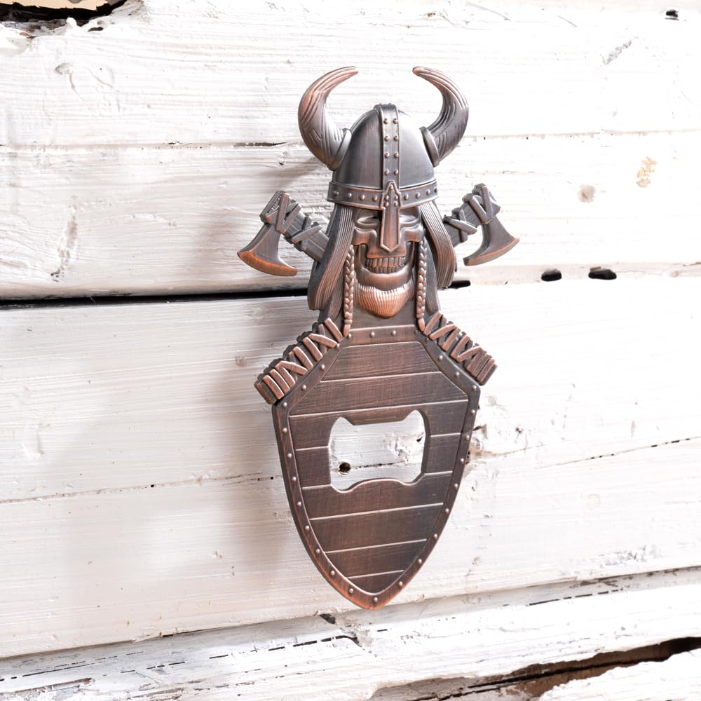 Décapsuleur Magnétique Crâne Viking Cuivre - Ouvre-Bière Bouclier Aimanté, Cadeau Homme Original
