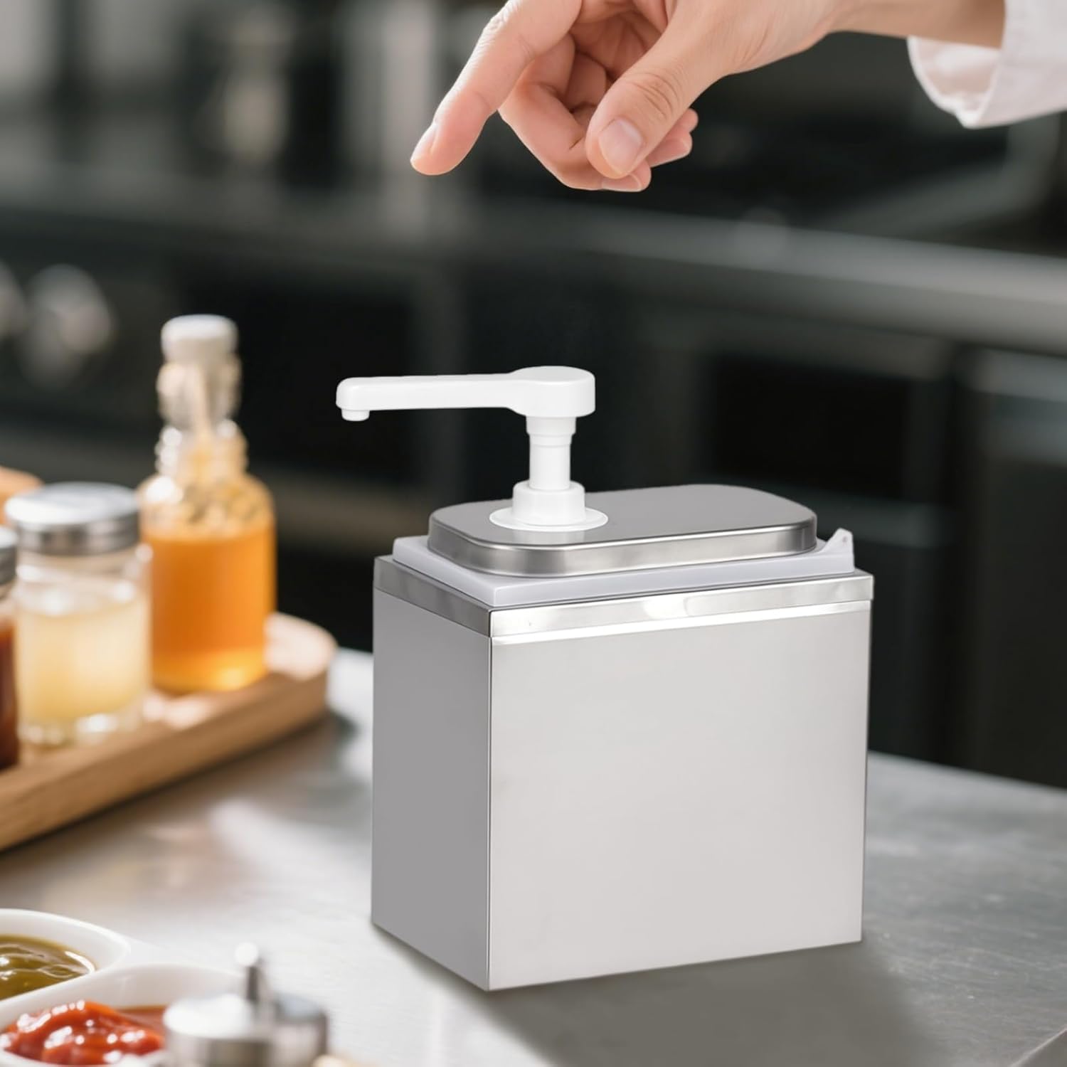 2L Stainless Steel Sauce Dispenser With Pump, Adjustable For Syrup Honey Sauces, Ideal For Kitchens And Restaurants, Metal And Pp