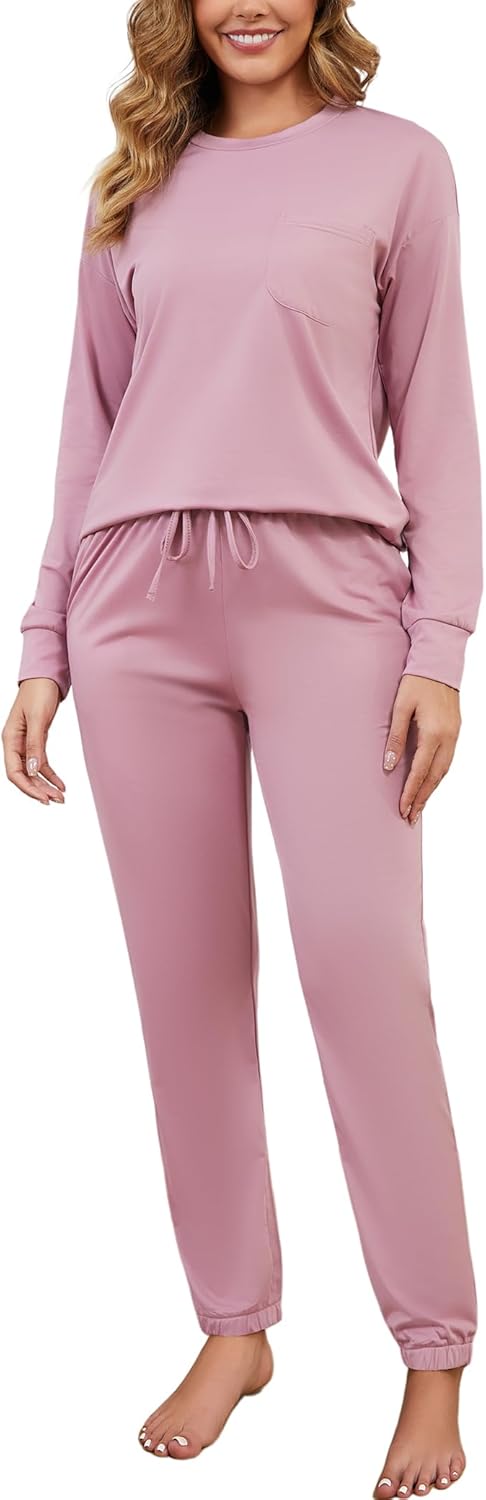 LOCUBE Women's Fleece Pajama Set - Soft Long Sleeve Top & Drawstring Lounge Pants with Pockets, Cozy Winter Loungewear