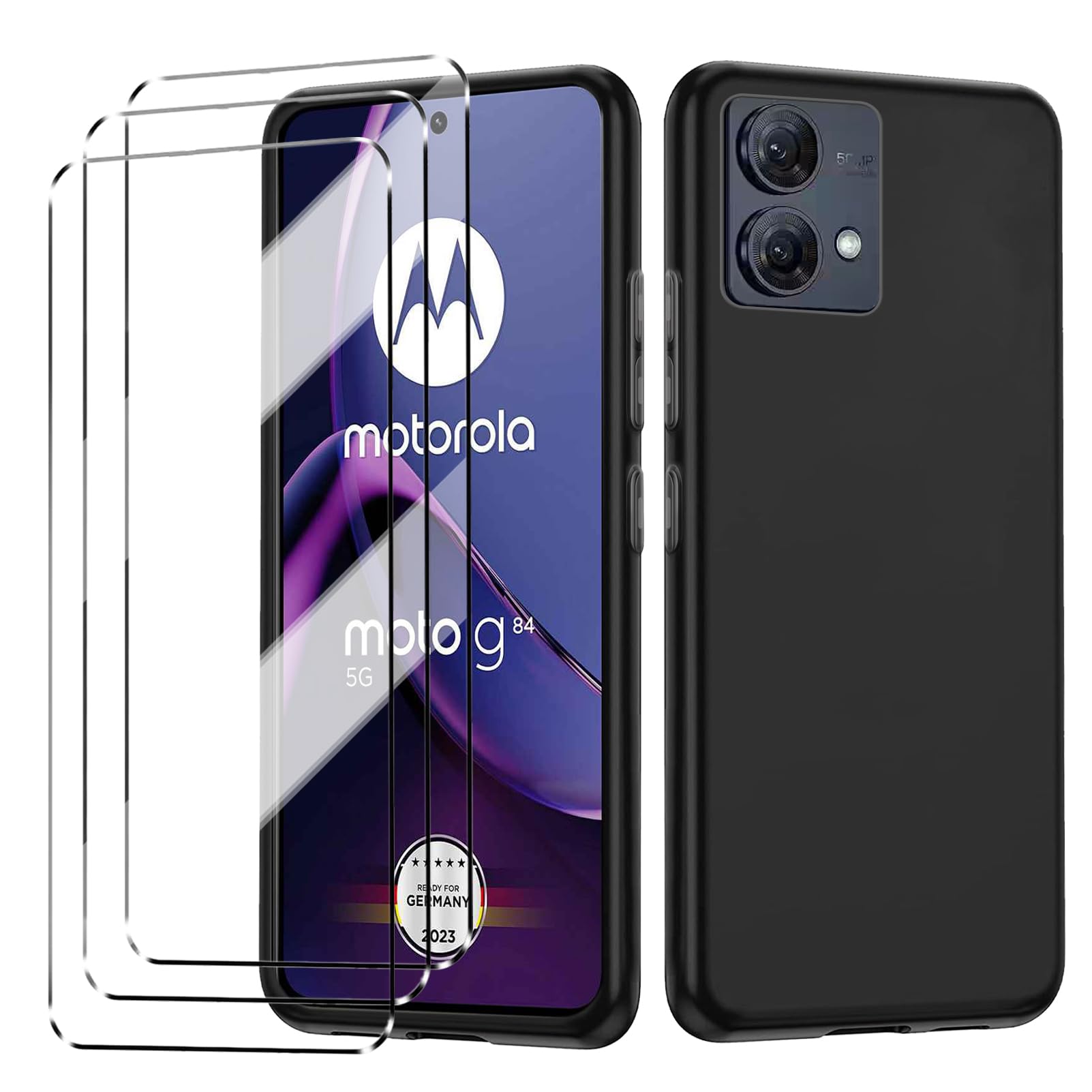 4 En 1] Coque De Protection, Coque De Téléphone Compatible Avec Motorola Moto G54 Avec 3 Protecteurs D'écran En Verre Trempé, Coque Fine En TPU Souple Antichoc Et Anti-rayures – Noir