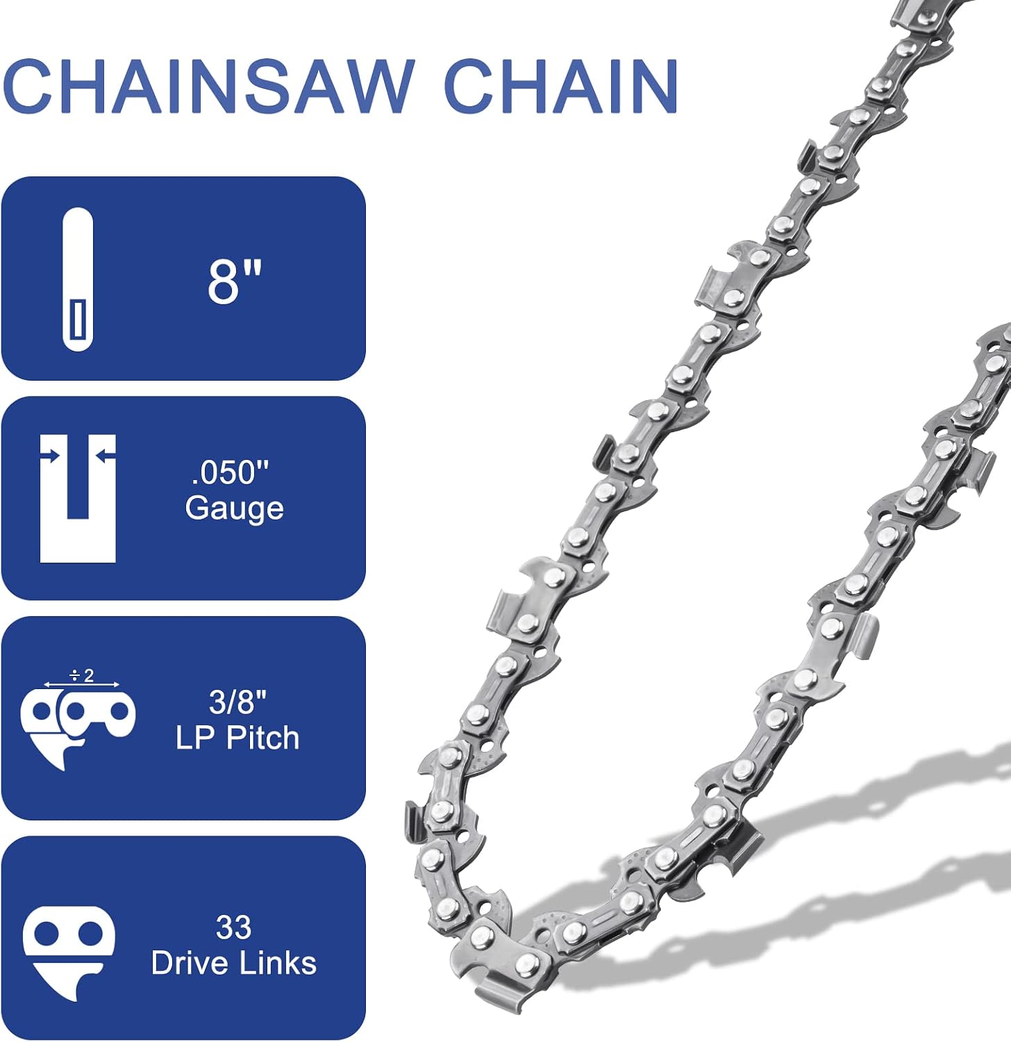 O-CONN 4 Pack 8 Inch Pole Saw/Chainsaw Chain 3/8" LP Pitch .050'' Gauge 33 Drive Links Fits Chicago, Earthwise, Greenworks, Sun Joe and more