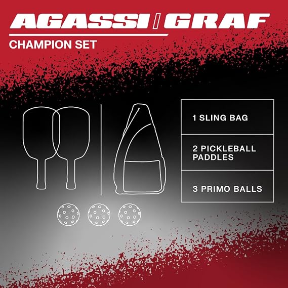 JOOLA Agassi/GRAF Champion Set with Pickleball Paddles, Balls & Sling Bag - Sandblasted Pickleball Racket - Agassi Shape with Extended Sweet Spot - UPA-A Certified - USAP Approved - NFC Chip Enabled