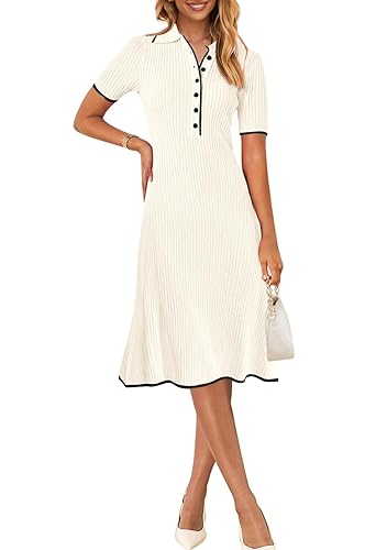 MEROKEETY Women's Spring Summer Ribbed Midi Dress 2026 Short Sleeve