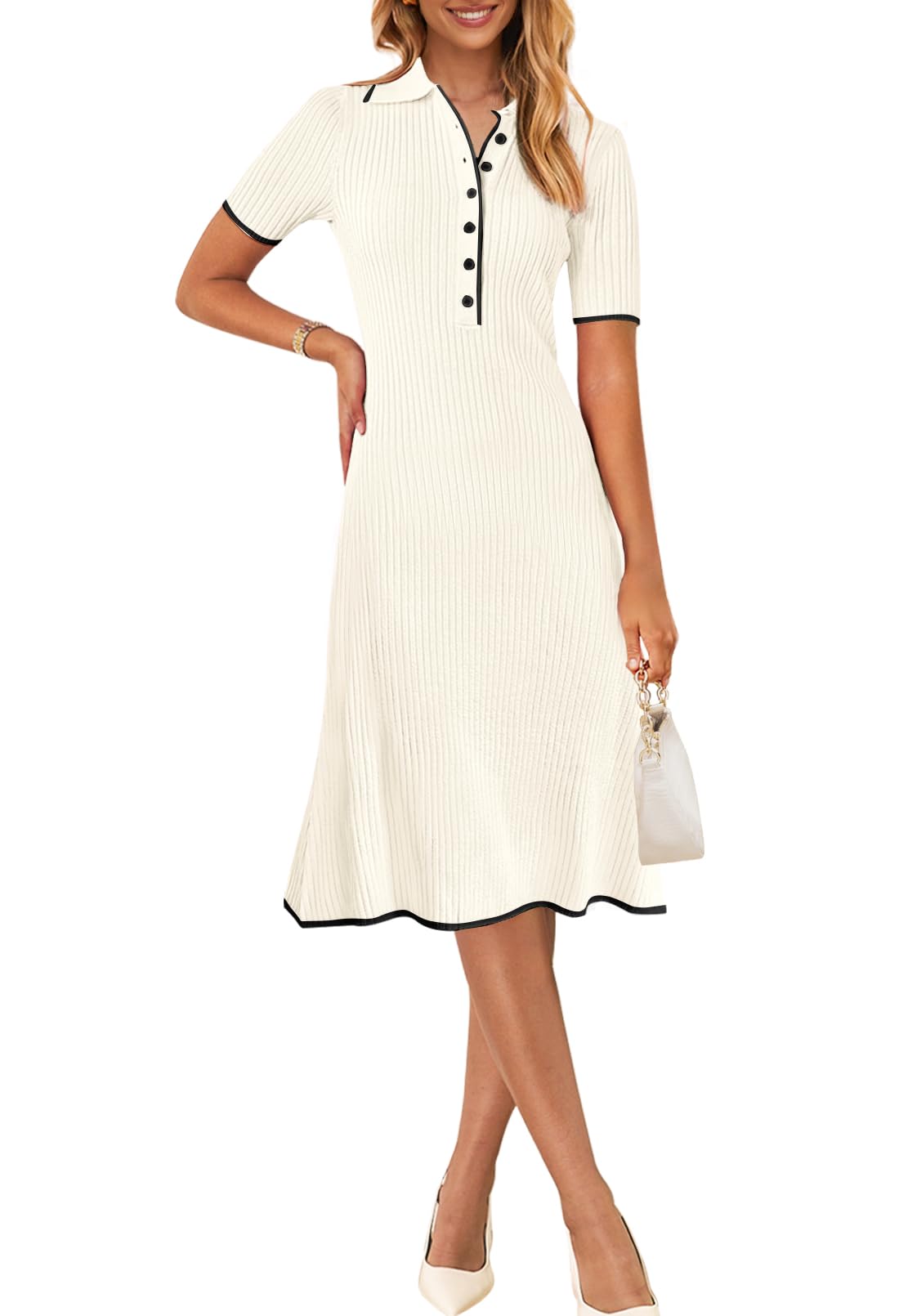 MEROKEETY Women's V Neck Ribbed Knit Midi Dress Short Sleeve Button Elegant Bodycon Sweater Dresses