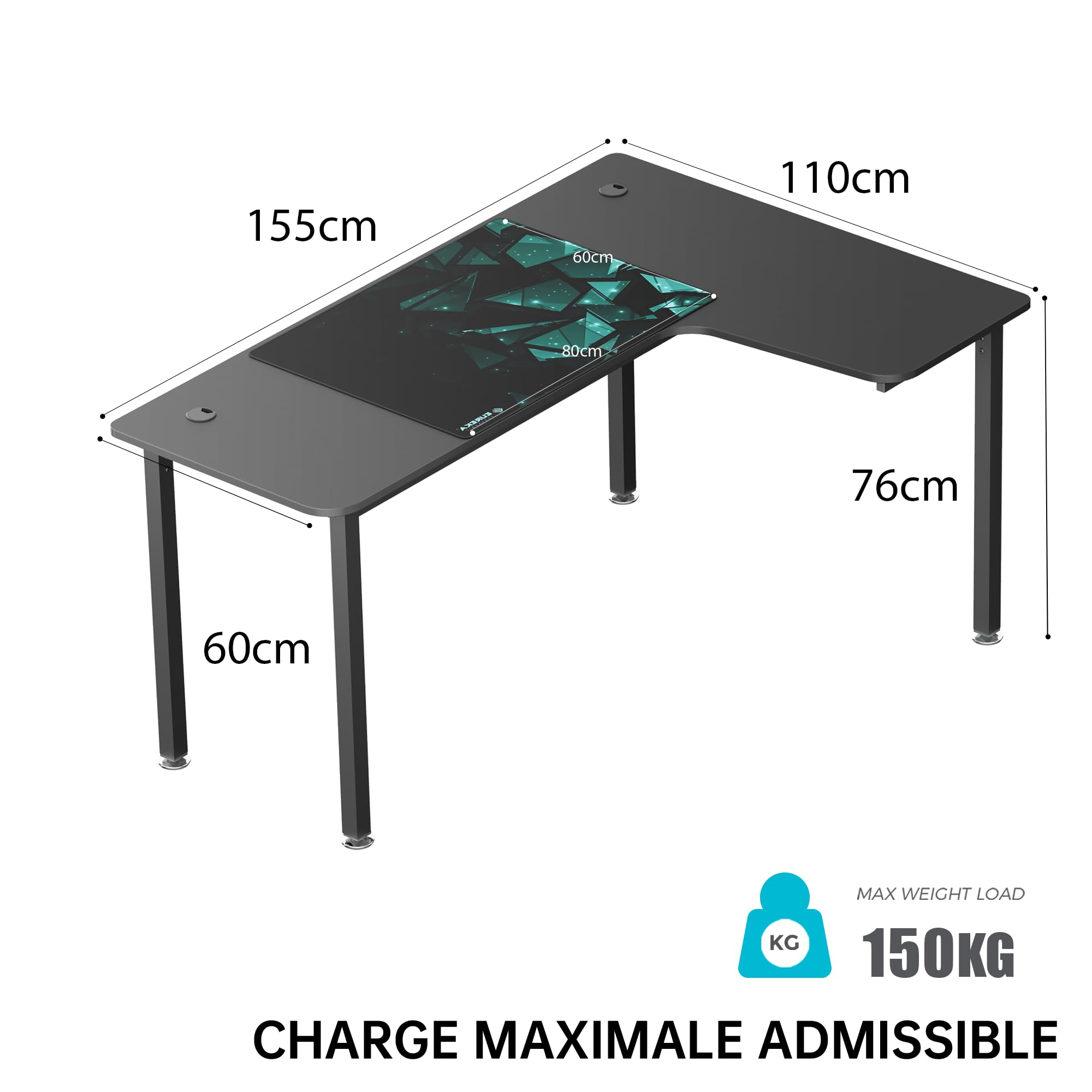 EUREKA ERGONOMIC Bureau d'angle 155x110cm Bureau Gaming Angle en Forme L Bureau Informatique d'Ordinateur avec Tapis de Souris
