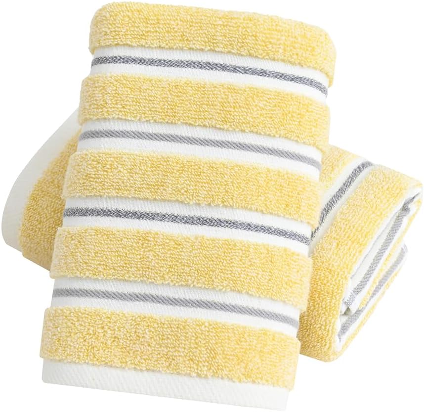 YiLUOMO Yellow Cotton Hand Towel Set of 2 Ribbed Striped