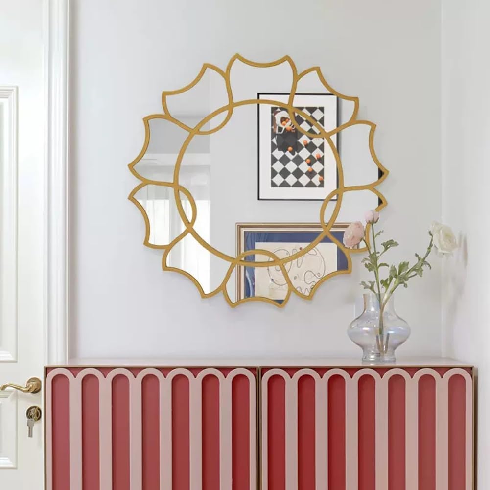 木製ラウンドウォールミラー、花の形の装飾ゴールドモダンハンギングミラー、リビングルーム、寝室、バスルーム、玄関用 (色 : ゴールド 20 *  30インチ ゴールドリップル 長方形 バスルームミラー 壁掛け 大型 モダン 田舎 洗面所/寝室/リビングルーム/玄関に最 長方形の ...