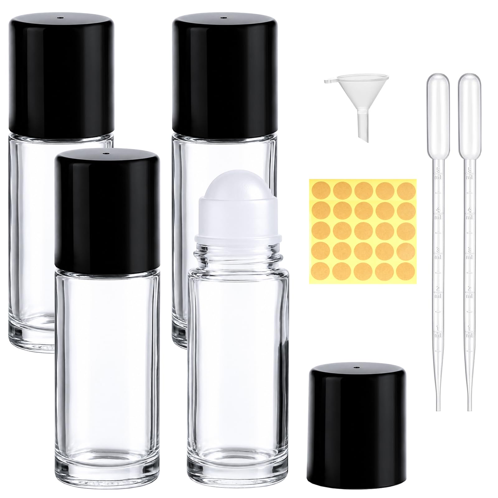 4 x 50ml Botellas de Rodillo de Vidrio, Botellas Vacías con 2 x 5ml Pipetas, Embudo de Plástico & Pegatina, Anti-Fuga para Aceites Esenciales, Perfume, Aromaterapia