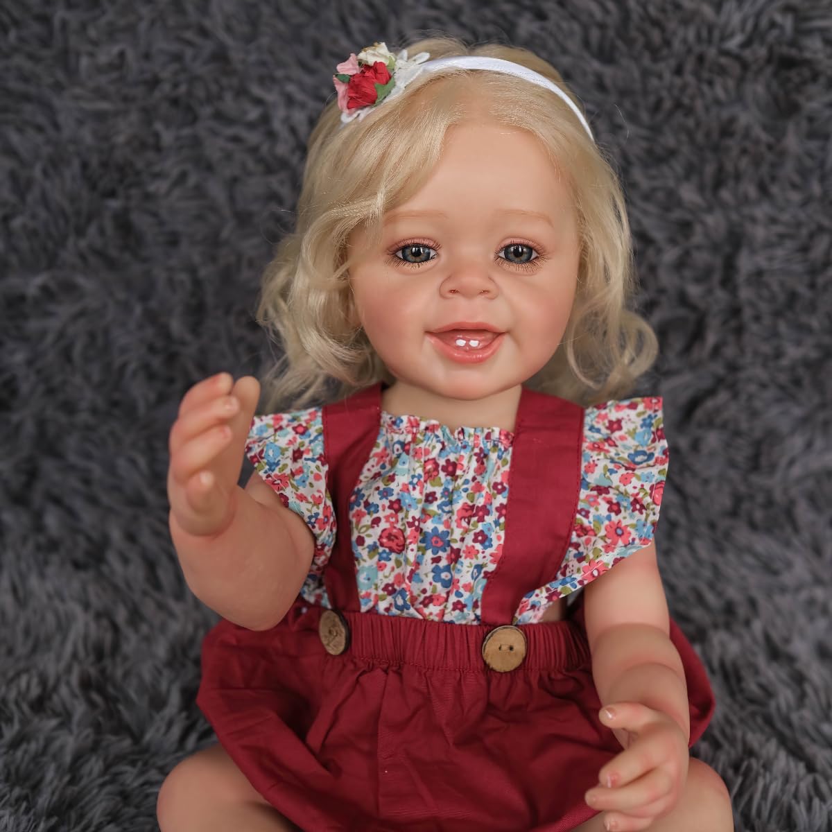 MineeQu 22 cale 55 cm Jak realistyczny Słodkie Uśmiechnięte ukorzenione blond włosy Silikonowy winyl Całe ciało Lalki Reborn, które wyglądają jak prawdziwy realistyczny Noworodek Lalki z zębami Zabawki Zestaw podarunkowy dla dziewczynek w wieku 3+