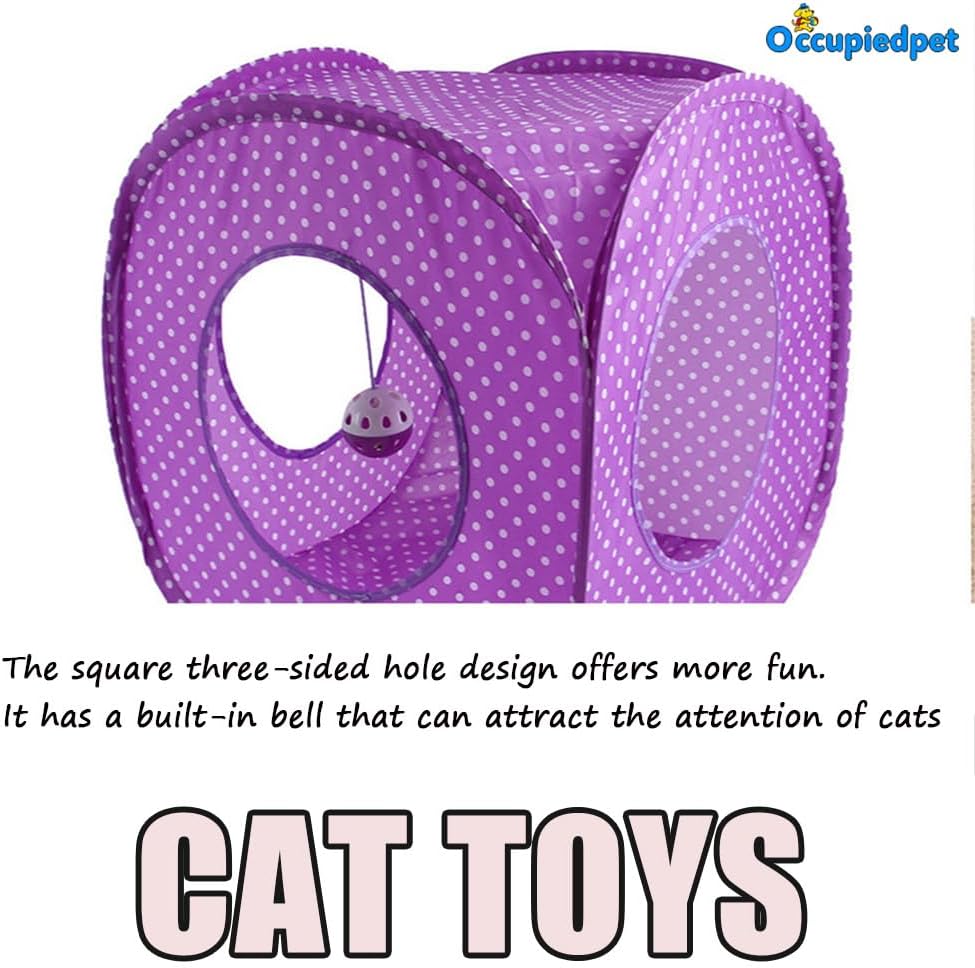 Cat Play Tunnel,Occupiedpet Collapsible Cube Tent with 3 Entry Points | Polyester Pop Up Maze for Indoor Cats (Purple)