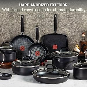 T fal ultimate hard anodized nonstick cookware set 17 piece oven broiler safe 400f lid safe 350f kitchen cooking set w fry pans saucepans saute pan griddle pots and pans dishwasher safe black  urban country home decor