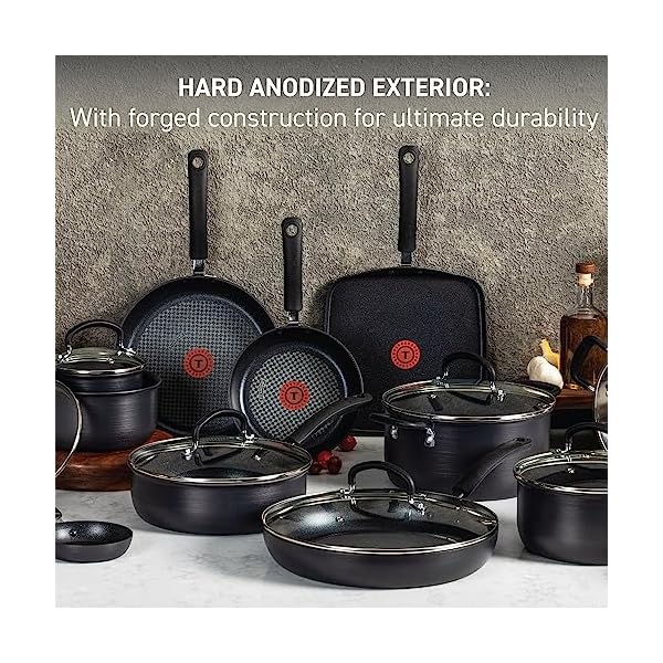 T fal ultimate hard anodized nonstick cookware set 17 piece oven broiler safe 400f lid safe 350f kitchen cooking set w fry pans saucepans saute pan griddle pots and pans dishwasher safe black  urban country home decor