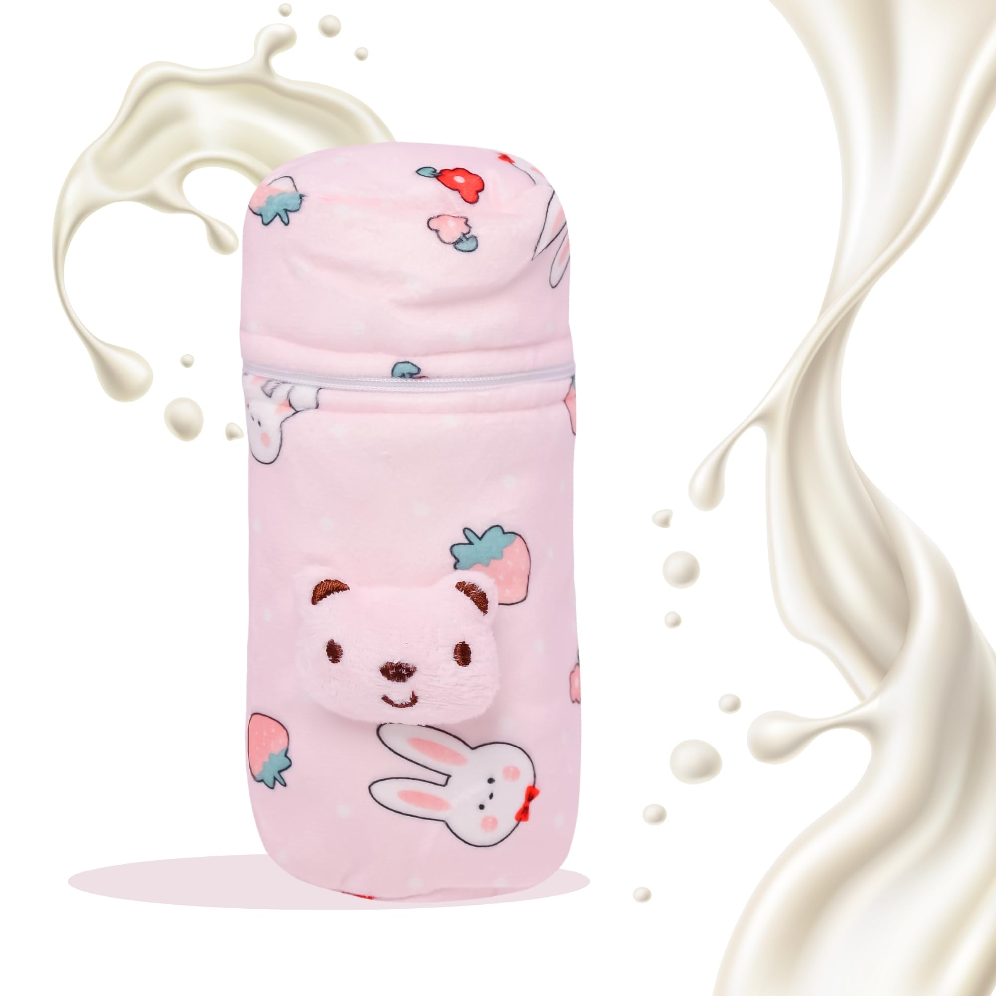 THE LITTLE LOOKERS Soft Plush Stretchable Baby Feeding Bottle Cover with Easy to Hold Strap (Zip Closure 330ml/11oz, Pink & Blue) - Image 7 thumbnail