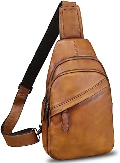Genuine Leather Sling Bag Crossbody Purse Handmade Hiking Daypack Motorcycle Chest Bag Cycling Shoulder Backpack (Brown) Medium