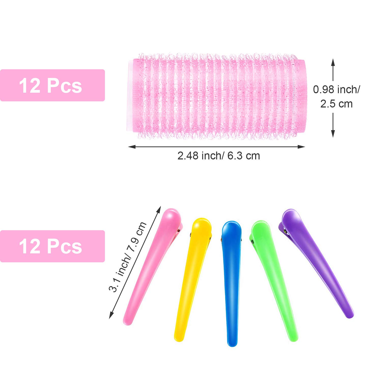 Self Grip Hair Rollers Set, Self Holding Rollers and Multicolor Plastic Duck Teeth Bows Hair Clips Hairdressing Curlers for Women, Men and Kids (24 Pieces, 25 mm)