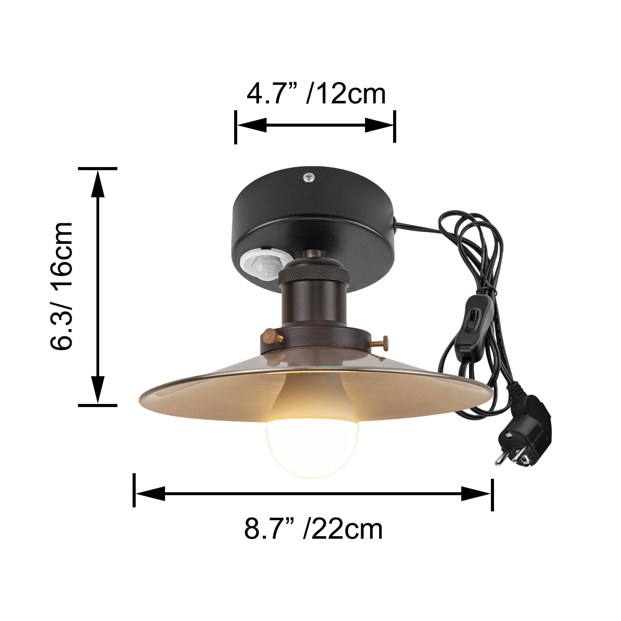 Plafoniera con sensore di movimento interno, lampada da soffitto in ferro industriale, sensore di movimento radar con cavo da 4,5 m e portalampada E27, per corridoio, bagno, scale, garage