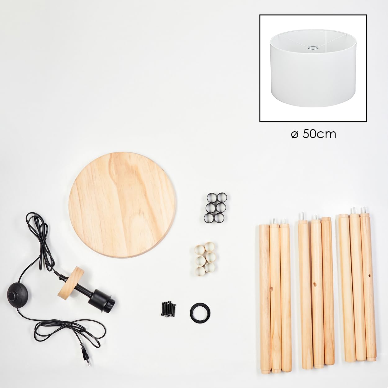 HOFSTEIN Flemming lampa stojąca z drewna/metalu w nowoczesnym stylu boho, abażur z materiału, Ø 50 cm, 153 cm, E27, z włącznikiem nożnym i półką – salon, sypialnia, jadalnia, korytarz