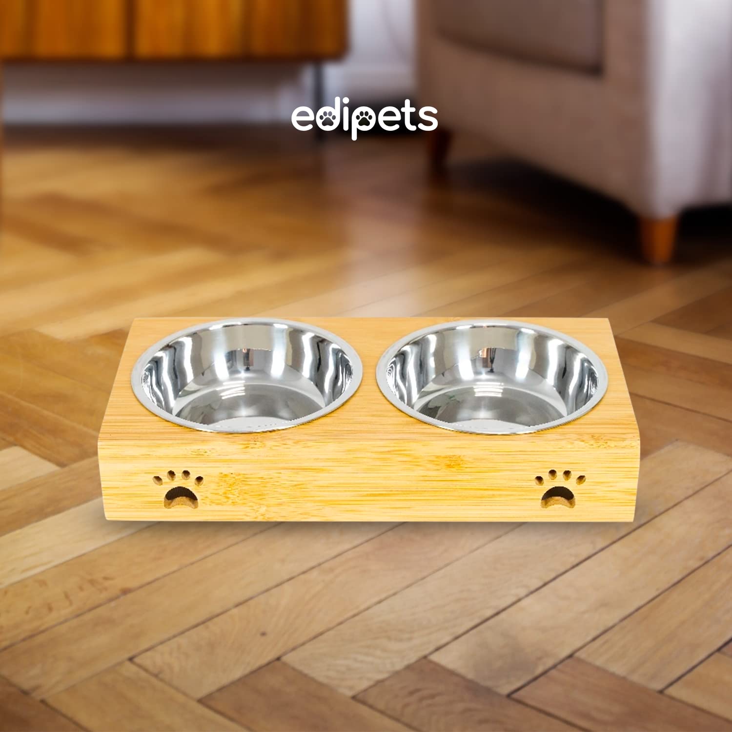Ciotole Per Cani E Gatti Edipets - Doppia, Acciaio Inossidabile, Base Bambù Antiscivolo, Rimovibili - Foto 5