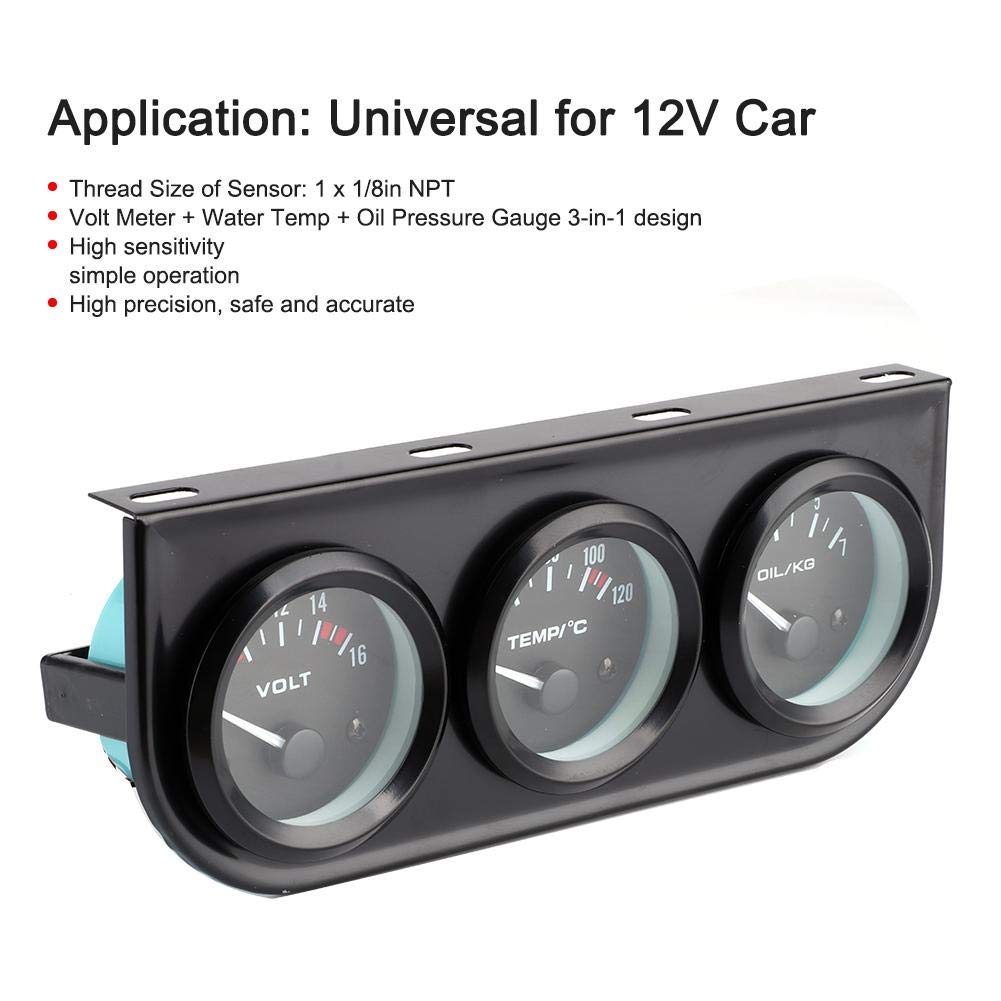 3 en 1 Medidor automático de medidor de coche 1 / 8in NPT 52mm / 2in 8-16V voltímetro Medidor de temperatura del agua 40-120 ℃ Kit de medidor de presión de aceite de 0-7 kg para coche de 12V
