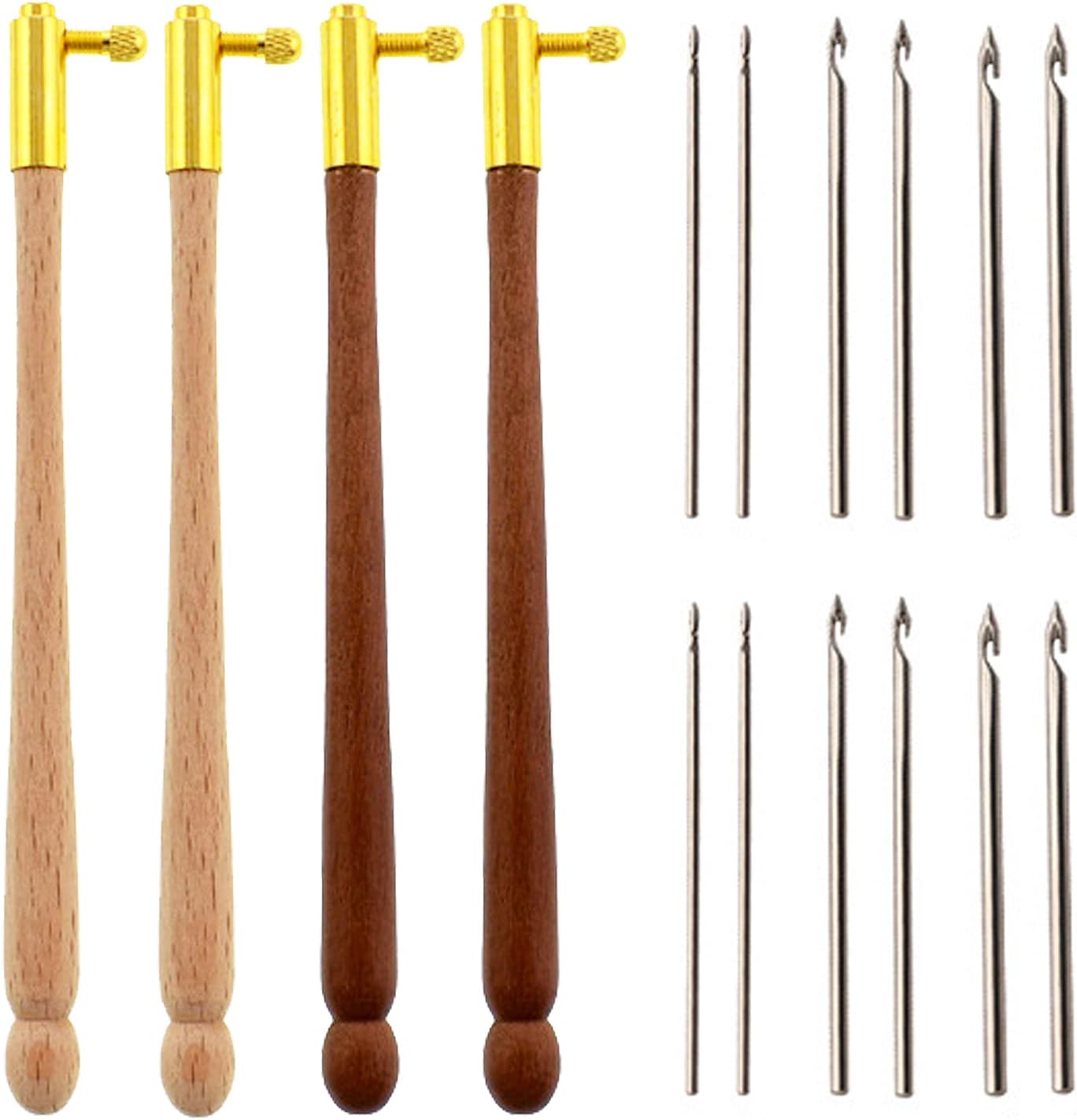 TXIN 4 Pieces Tambour Hooks with 12 Needles, Wooden Handle Embroidery Crochet Hooks, French Beading Needle Tools for Sewing Embroidery Sequins and Beads (0.7mm 1.0mm 1.2mm)
