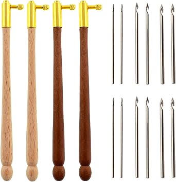 TXIN 4 Pieces Tambour Hooks with 12 Needles, Wooden Handle Embroidery Crochet Hooks, French Beading Needle Tools for Sewing Embroidery Sequins and Beads 0.7mm 1.0mm 1.2mm