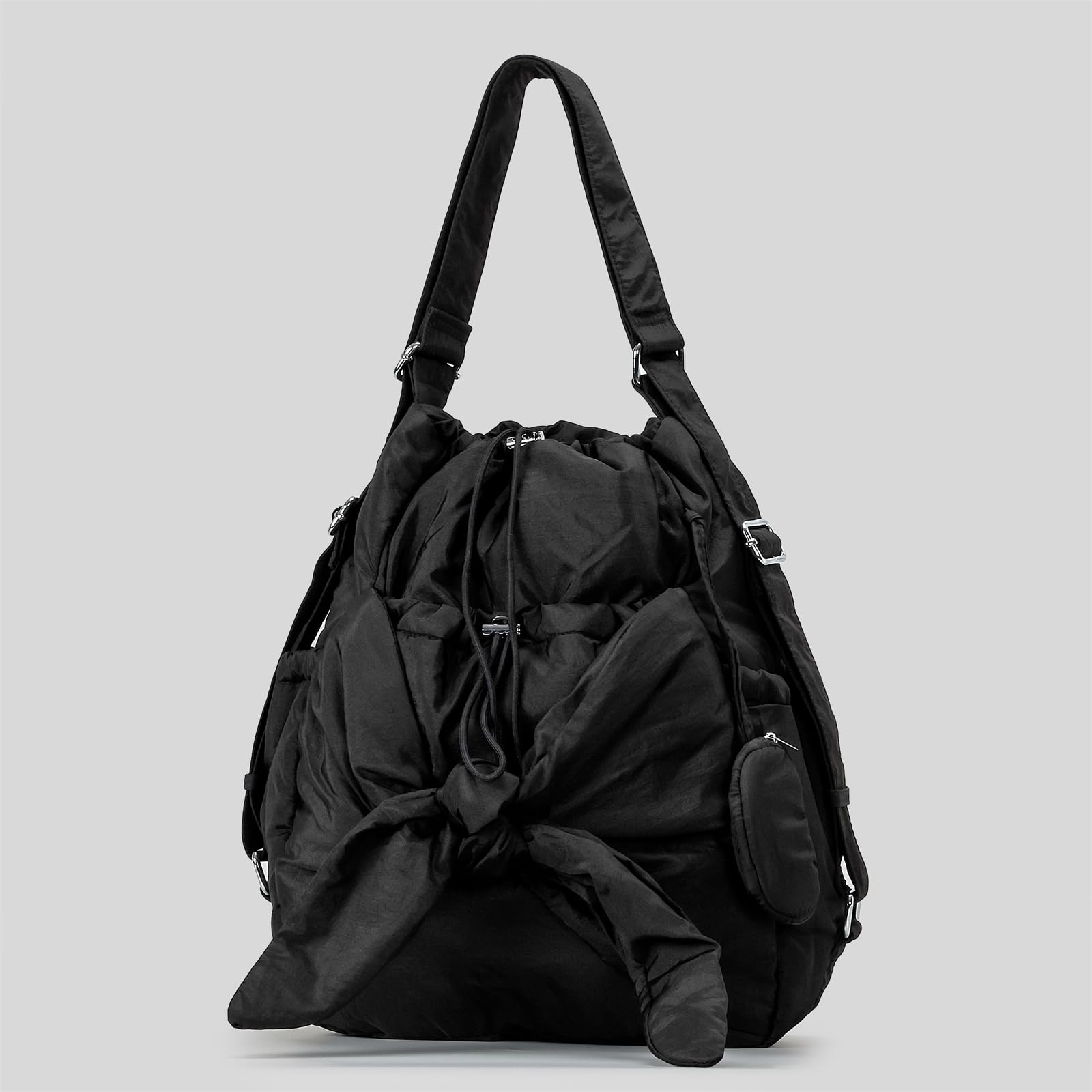 Borsa A Tracolla In Nylon Da Donna Casual A Secchiello Con Coulisse Tasche Multiple E Tracolla Regolabile. Coulisse Alla