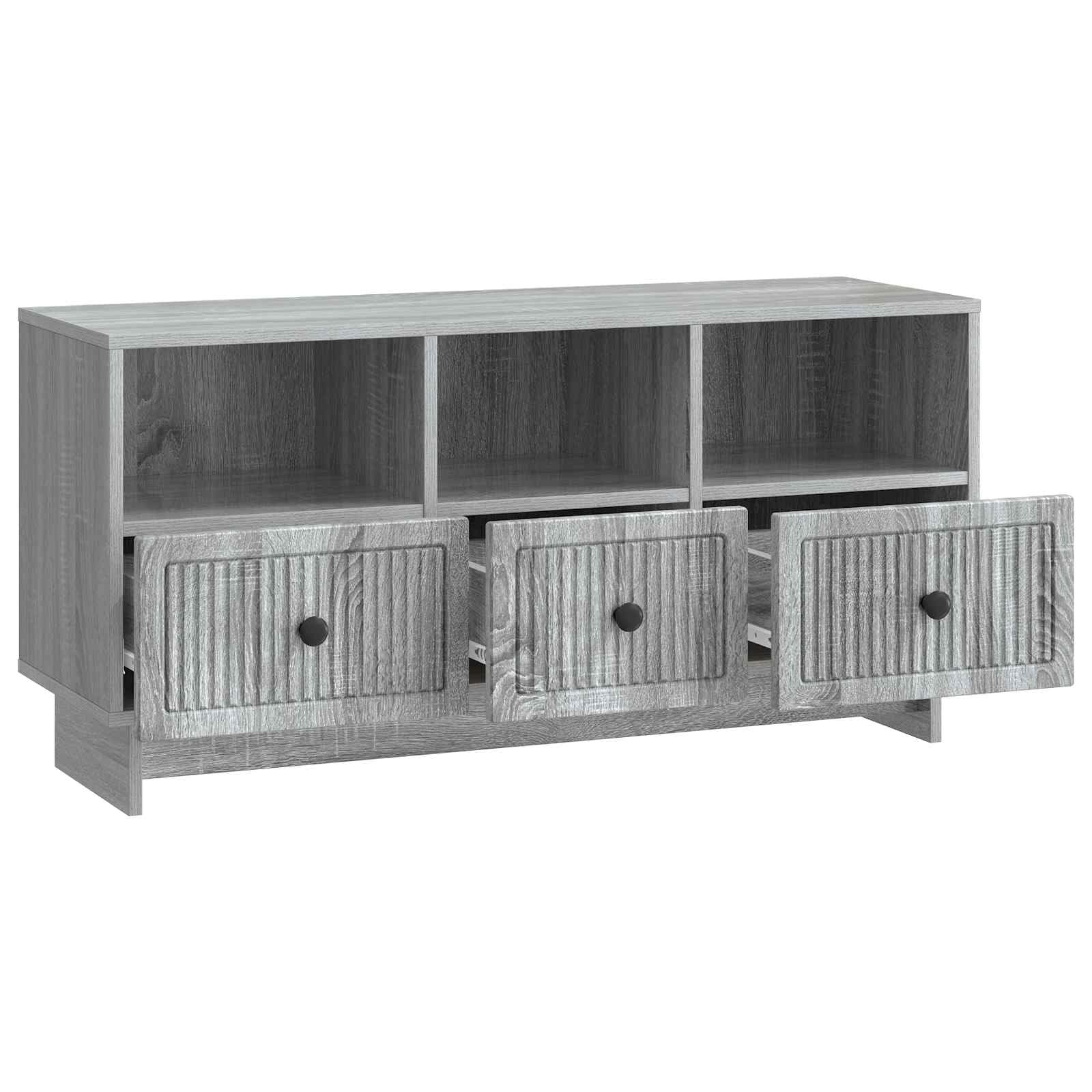 Mobile TV Sonoma grigio, 102 x 34,5 x 50 cm, in legno con vano portaoggetti, gestione dei cavi e 3 cassetti per soggiorno moderno, home theater, console multimediale, mobile TV, credenza