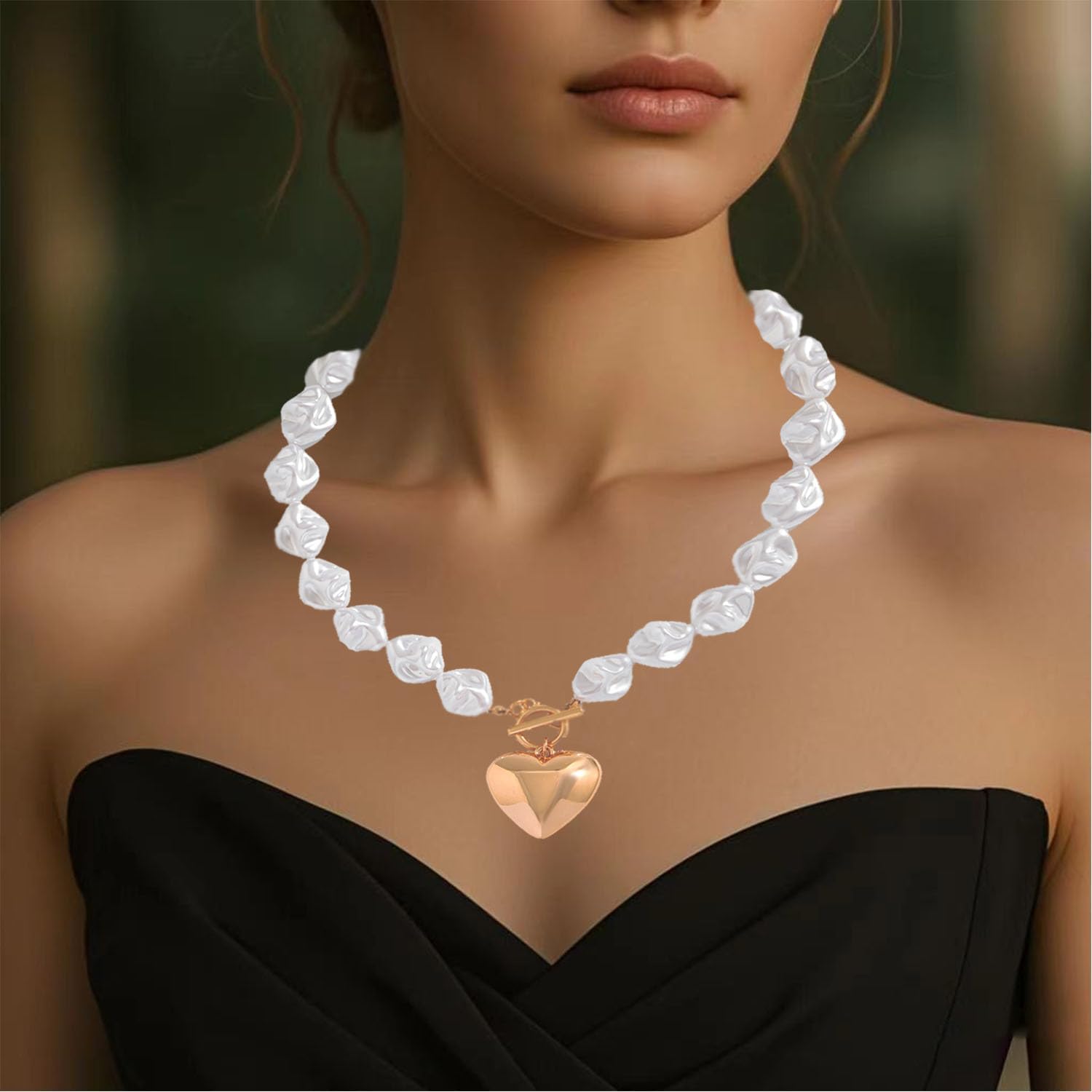 Chunky Pearl Necklace for Women Gold Heart Necklace Irregular Baroque Pearl Choker Necklace for Women Trendy Jewelry - Image 3