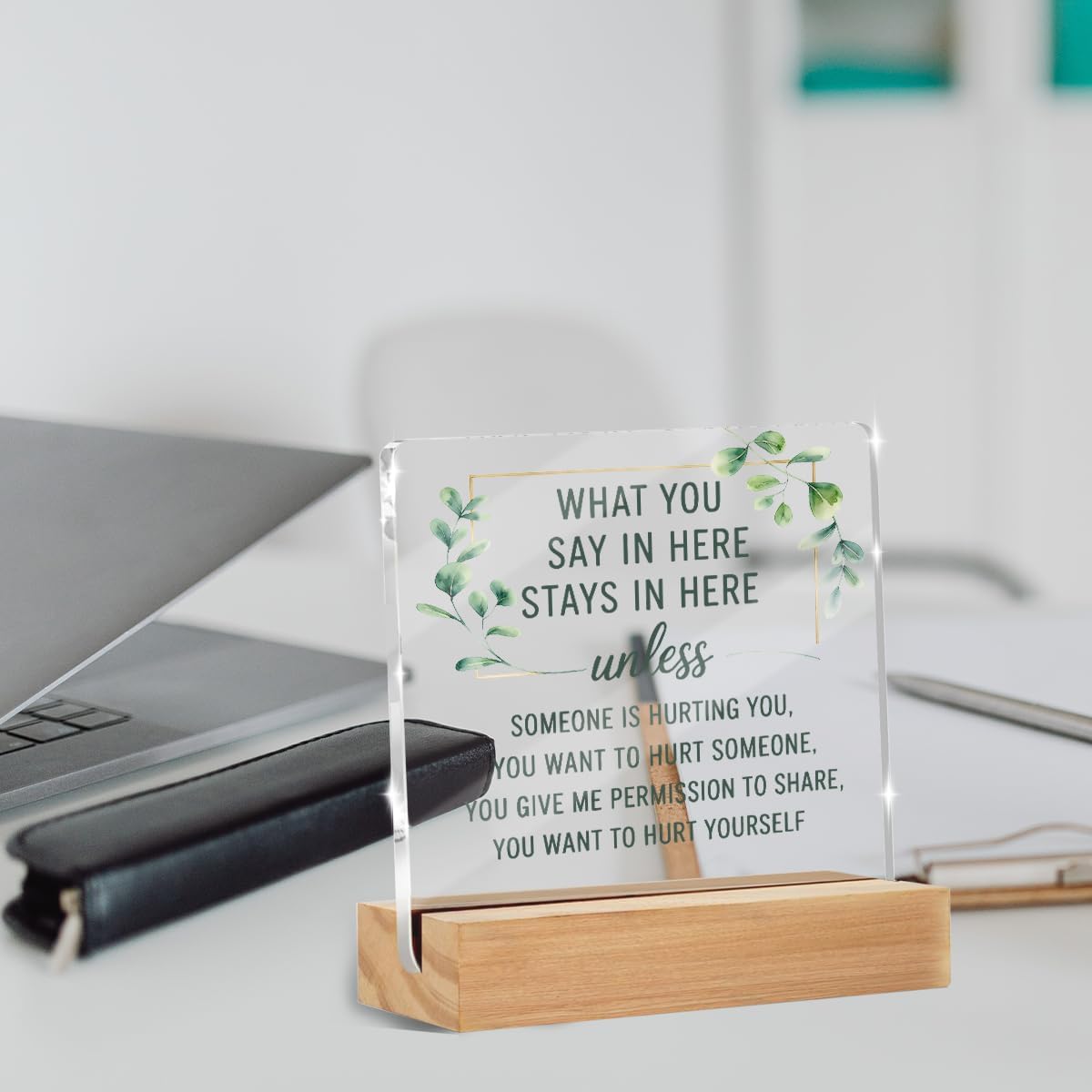 Therapy Office Decor, School Counselor Gift Acrylic Sign with Wooden Stand image 4