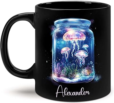 Personalized Name Jellyfish Design Mug 11oz 15oz, Underwater Themed Cup, Custom Sea Life Ceramic Mug, Customized Ocean Black Cup, Snowy Jellyfish In Jar Coffee Mug, Gift For Kid