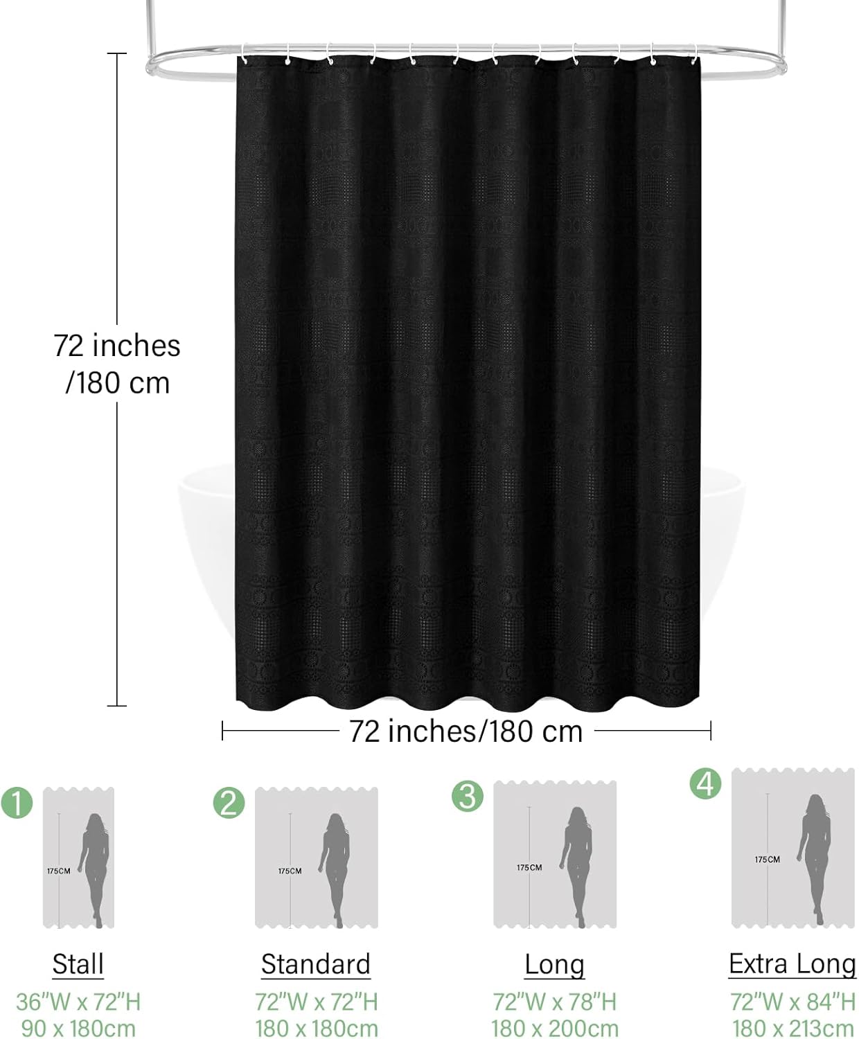 Black Boho Waffle Shower Curtain 72 x 72, Weave Heavy Duty Hotel Quality Fabric, Modern Geometric Weighted Luxury Bathroom Curtain with Hooks, Waterproof and Wrinkle-Resistant