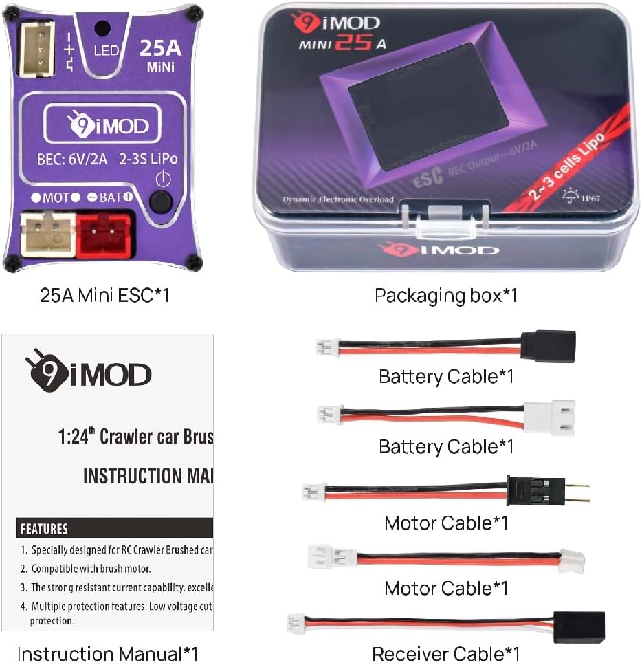 25A Mini Brushed ESC for 1/18 TRX4M Axial SCX24 RC Crawler Upgrade, 2-3s LiPo Micro RC ESC (Purple)