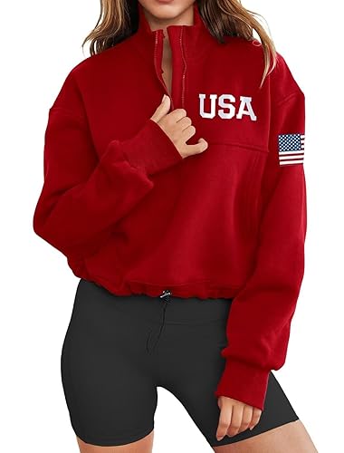 LEEDYA Womens Long Sleeve American Flag Sweatshirts Half Zip Oversized