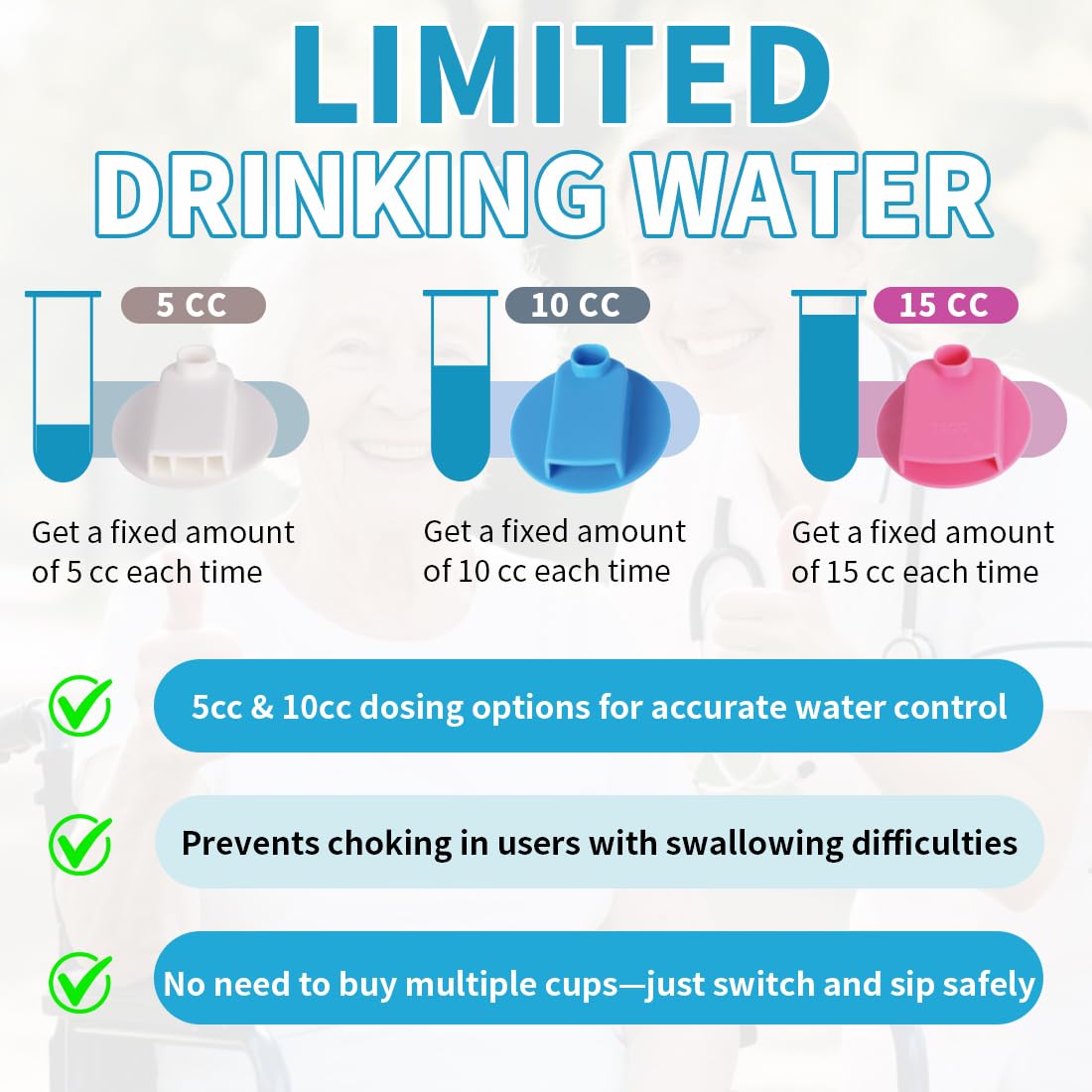 Taza reguladora de disfagia para tragar y trastornos de personas, dispensa 5 cc o 10 cc de líquido cada vez, no se utiliza espesante. Ayuda a prevenir la asfixia