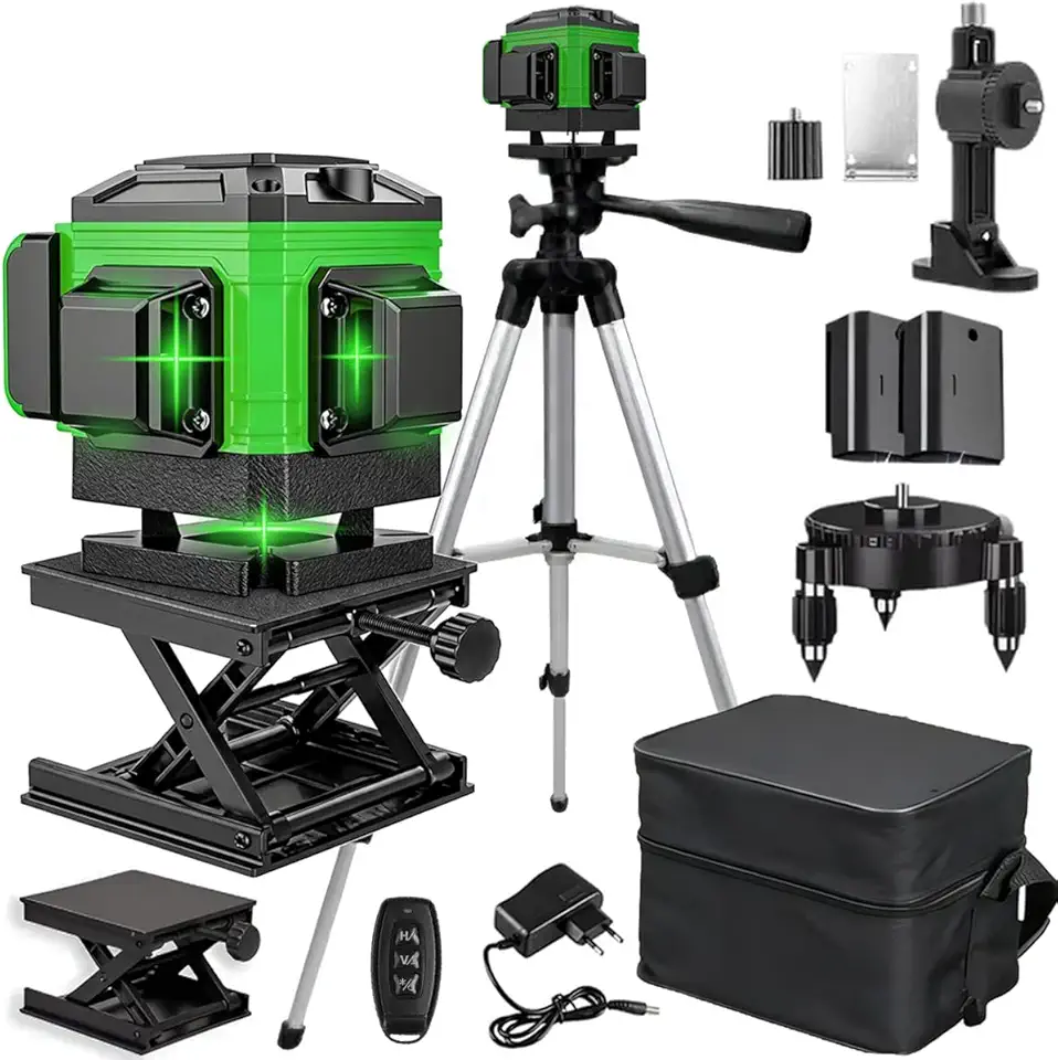 Nivel Laser 12 Linhas Verde, 3D Nível a Laser 3x360 Graus Profissional com Tripé Ajustável, 2 Baterias e Controle Remoto, Autonivelante para Porcelanato, Gesso e Construção (3x360 Graus Laser)