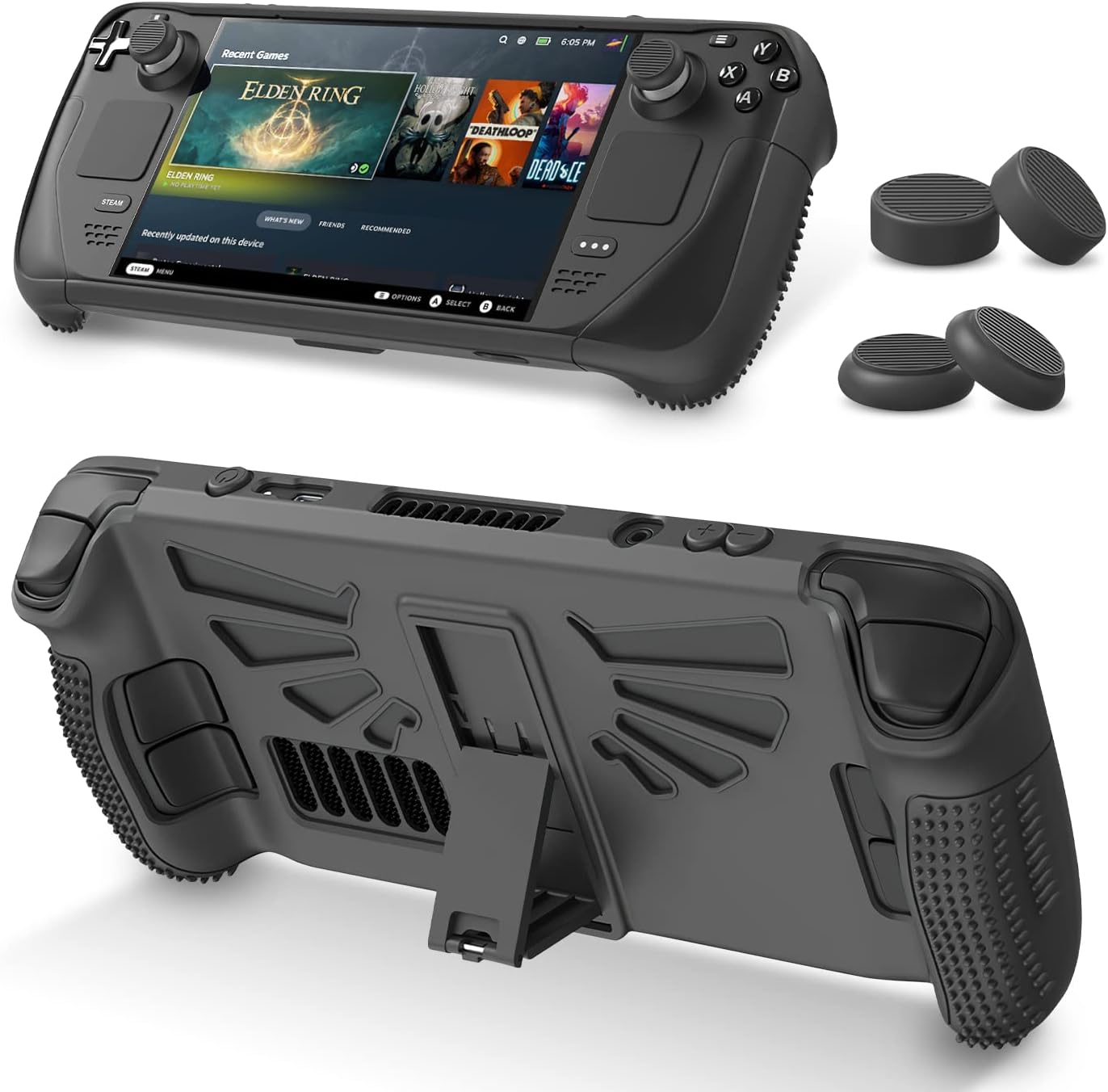 Hrusitoo Steam Deck Case with Stand, Kickstand TPU Accessories Protector Case for Valve Steam Deck Console, Steam Deck Protective Cover Skin Shell with 2 Pairs Silicone Thumb Grips Caps-Black