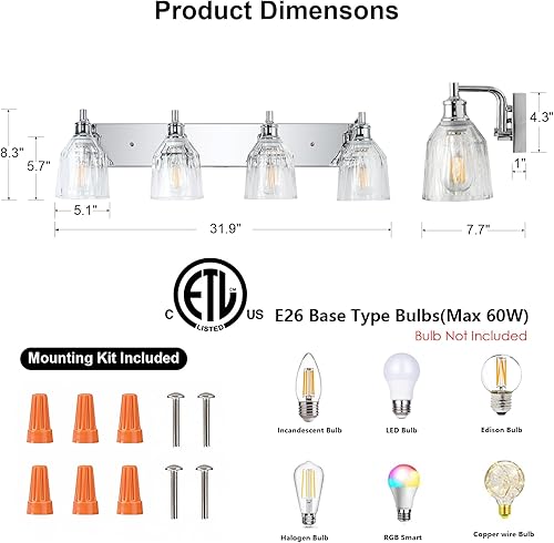 Miniatura 2 de 4 lámparas de baño, modernas luces cromadas para tocador de baño, accesorios de iluminación sobre espejo con pantalla de vidrio grueso para armario,