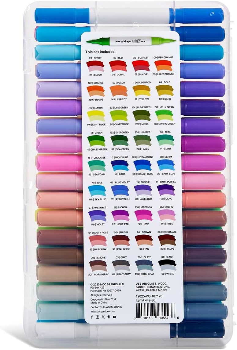 KINGART® PRO Dual Tone Acrylic Paint Markers, 36 Dual Tip Markers, 72 Colors