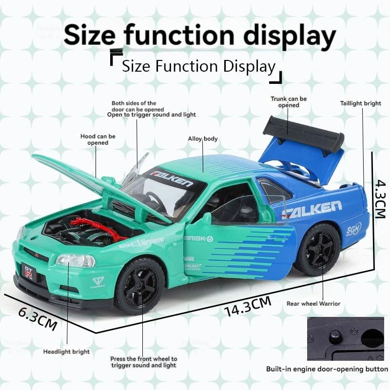 Image of 1:32 Scale Nissaan Skyline R-34 Model Alloy Metal Pull Back Toy car for Kids with Openable Doors & Light, Music Toy Vehicle for Kids (1:32 Nissaan Skyline R-34 (Green))