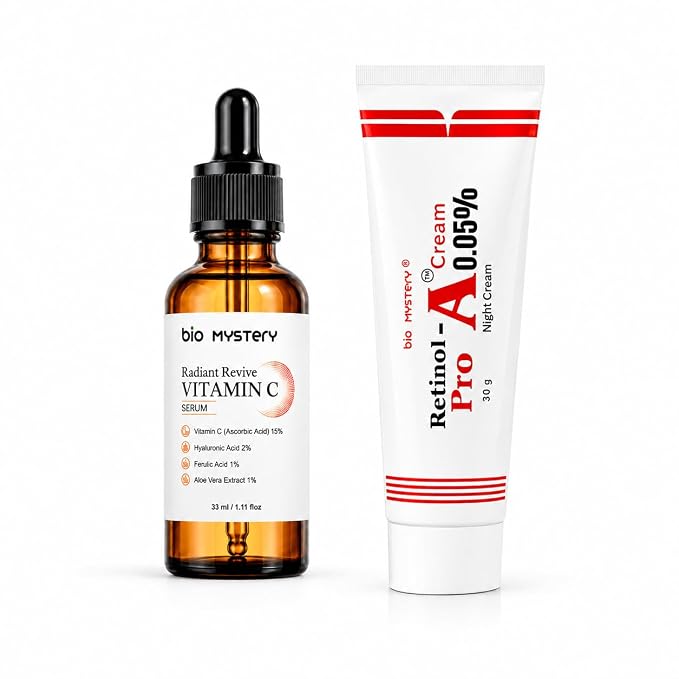 Retinol Pro Night Cream 0.05% Vitamin A with Radiant Revive Vitamin-C Face Serum Combo | Anti-Aging Moisturizer for Fine Lines, Dark Spots & Uneven Skin Tone | Day & Night Skincare Set