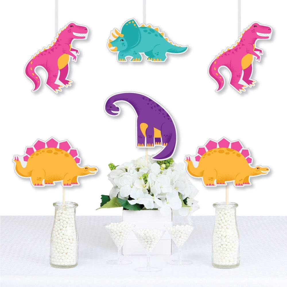 Big Dot of Happiness Roar Dinosaur Girl - T-Rex, Triceratops, Stegosaurus and Brontosaurus Decorations DIY Dino Mite Baby Shower or Birthday Party Essentials - Set of 20